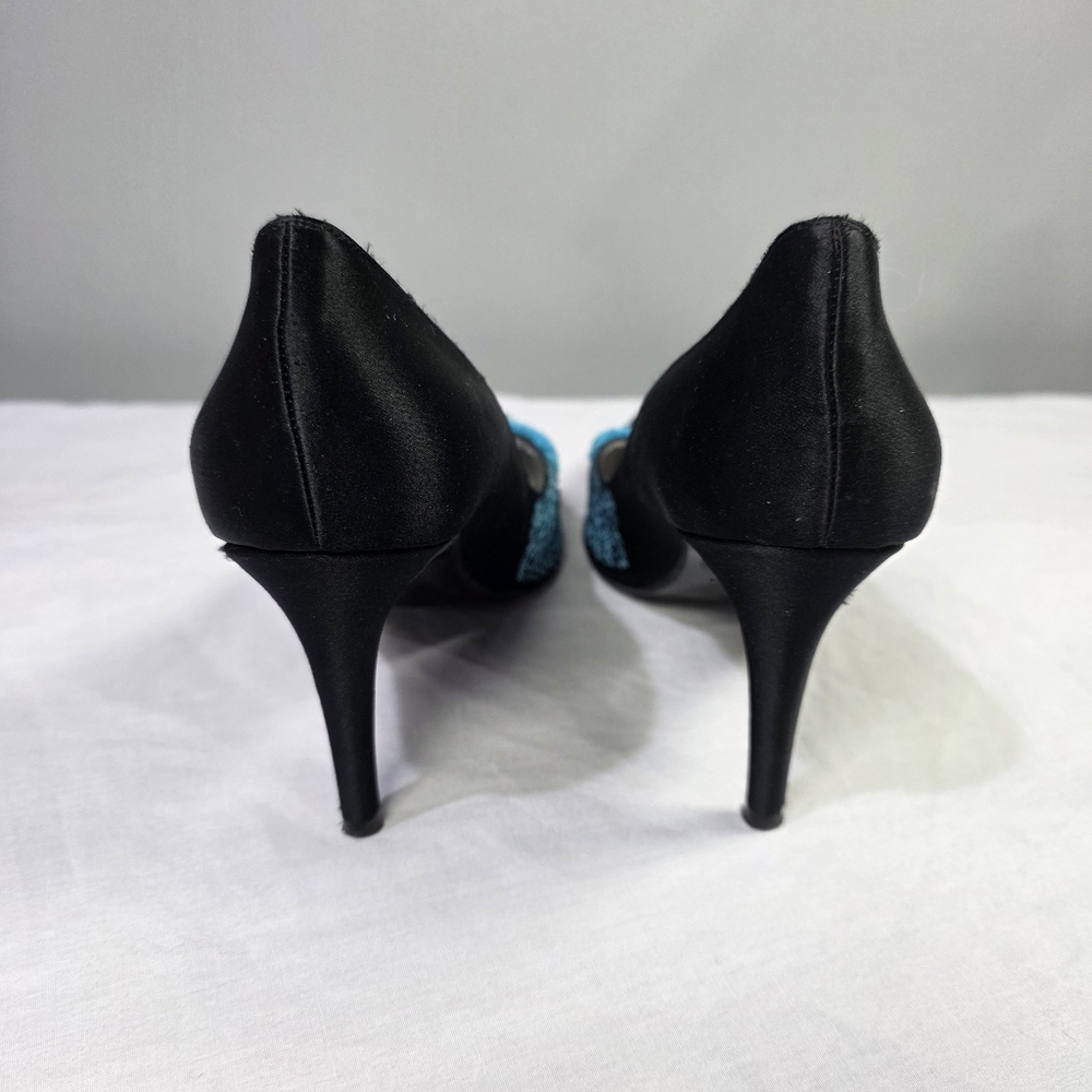 Vintage Red by Ramon Tenza Black Satin Stiletto Heels w/Turquise Embroidery. 7 - Picture 4 of 11